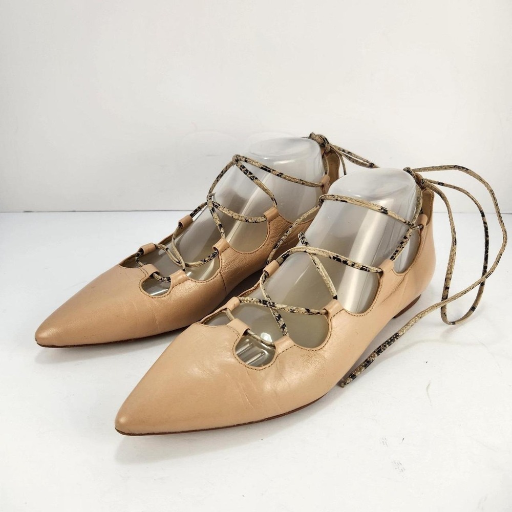 Coach Women's 8.5B Tan Leather Pointed Toe Lace-Up Ballet Flats Ankle Wrap